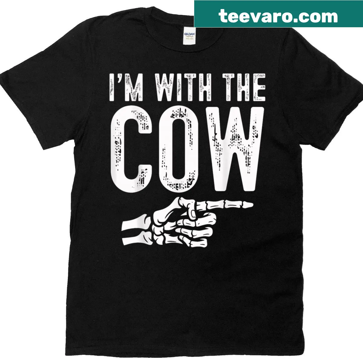 Matching Halloween couples T-shirts that say 'I'm With The Cow' — on a men's t-shirt