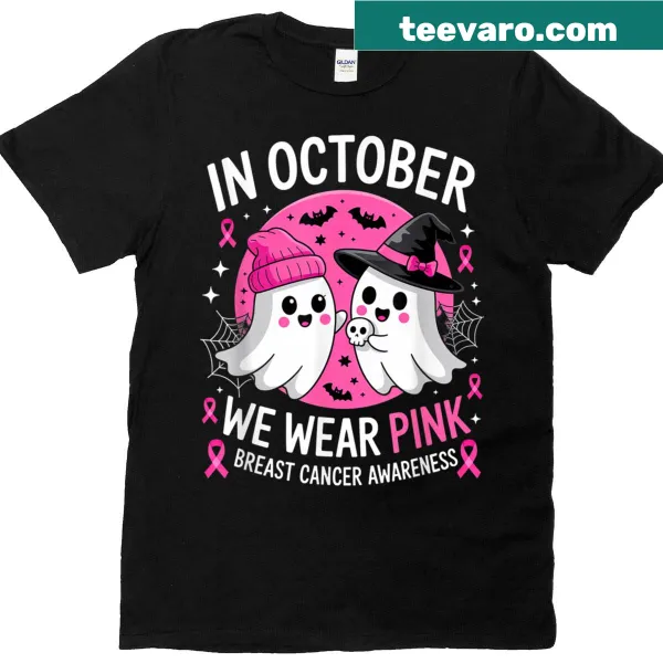 Ghost-themed T-shirt with 'In October We Wear Pink' text
