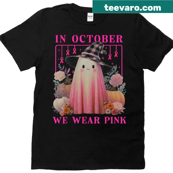 Halloween-themed T-shirt with a ghost and witch design promoting breast cancer awareness
