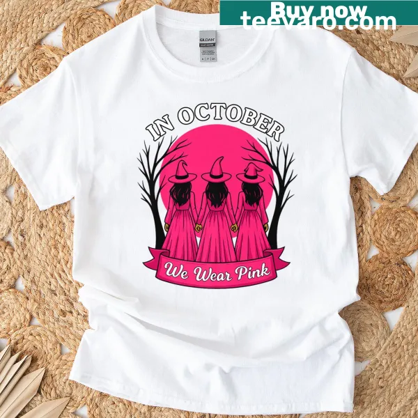 Breast cancer awareness Halloween t-shirt with pink witch design.