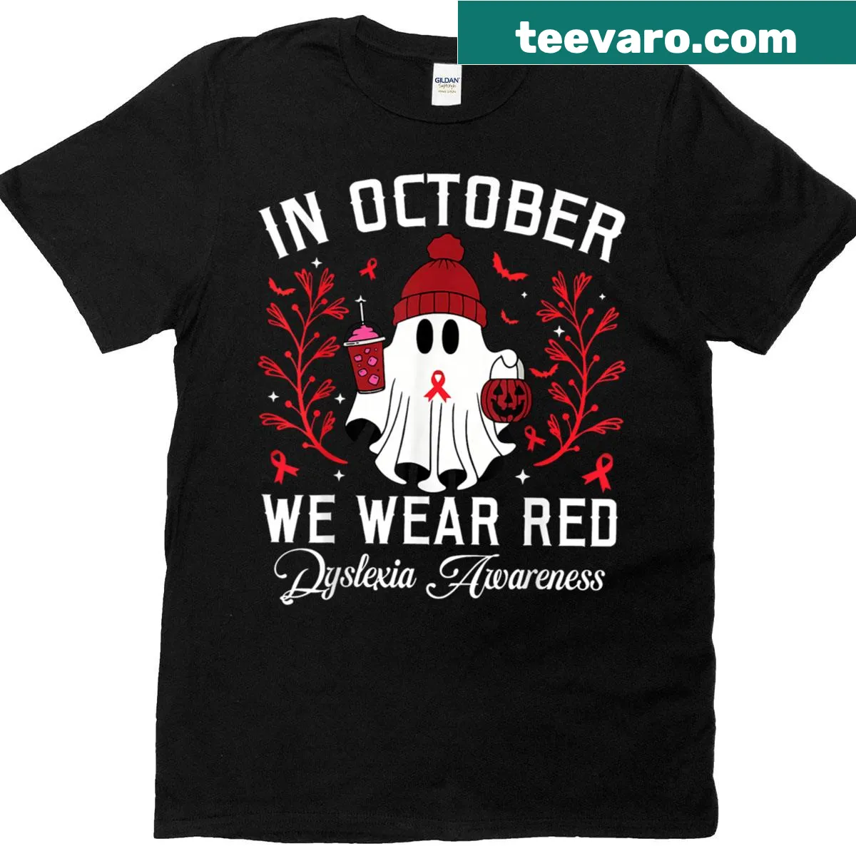 Ghost-themed t-shirt with 'In October We Wear Red' text — on a men's t-shirt