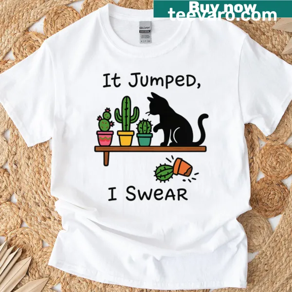 Funny cat jumping from cactus graphic on a humorous t-shirt