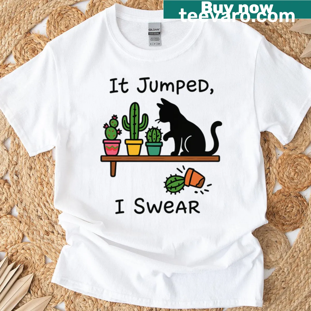 Funny cat jumping from cactus graphic on a humorous t-shirt — on a men's t-shirt