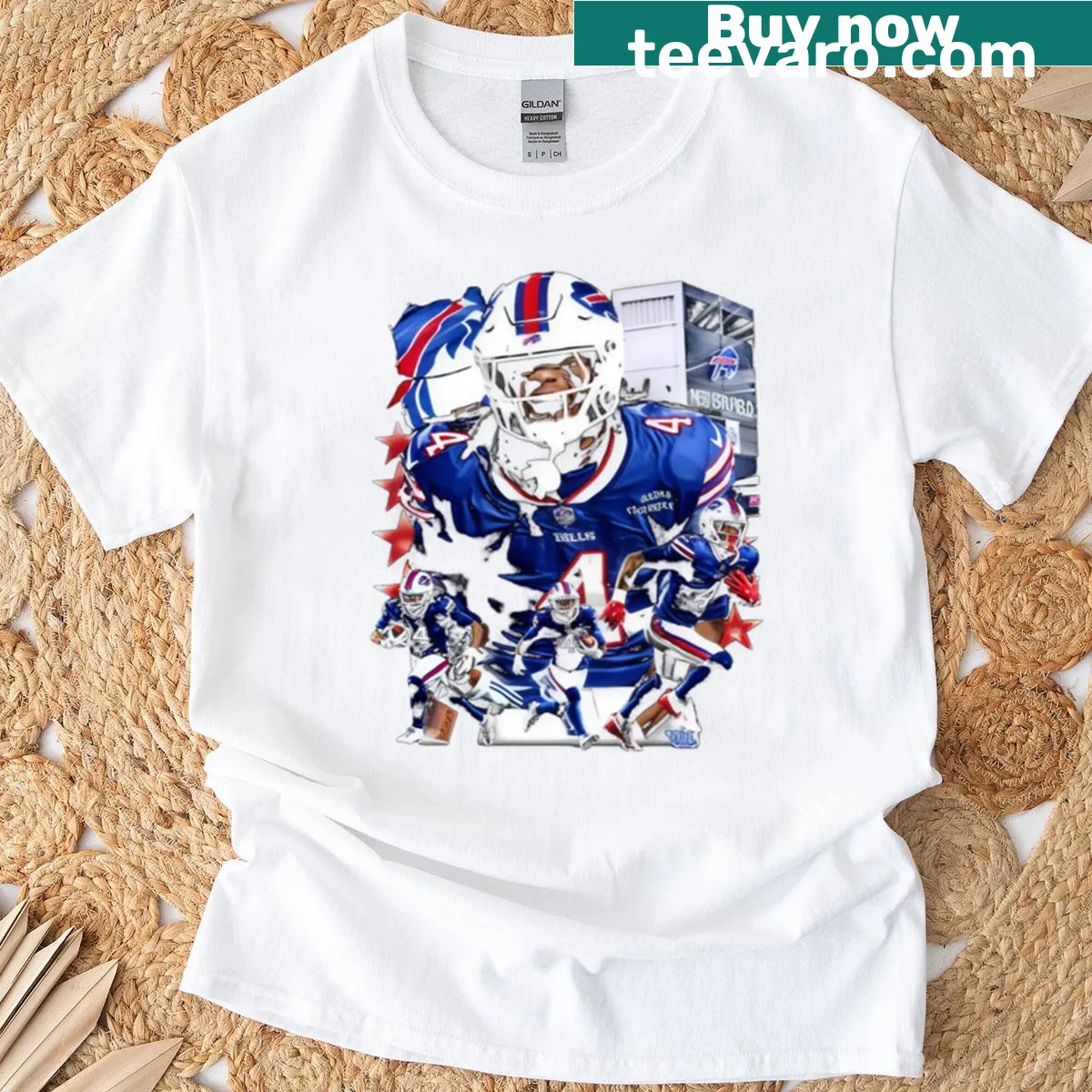 Illustrated T-shirt celebrating James Cook and Buffalo Stadium — on a men's t-shirt