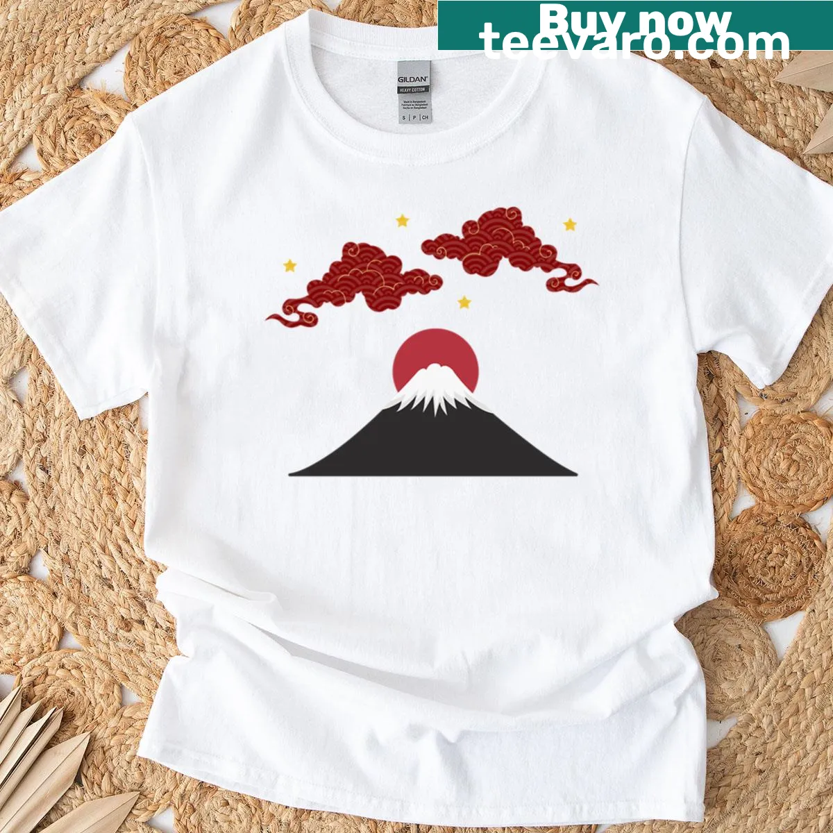 Minimalist Japanese design t-shirt featuring a rising sun over a mountain — on a men's t-shirt