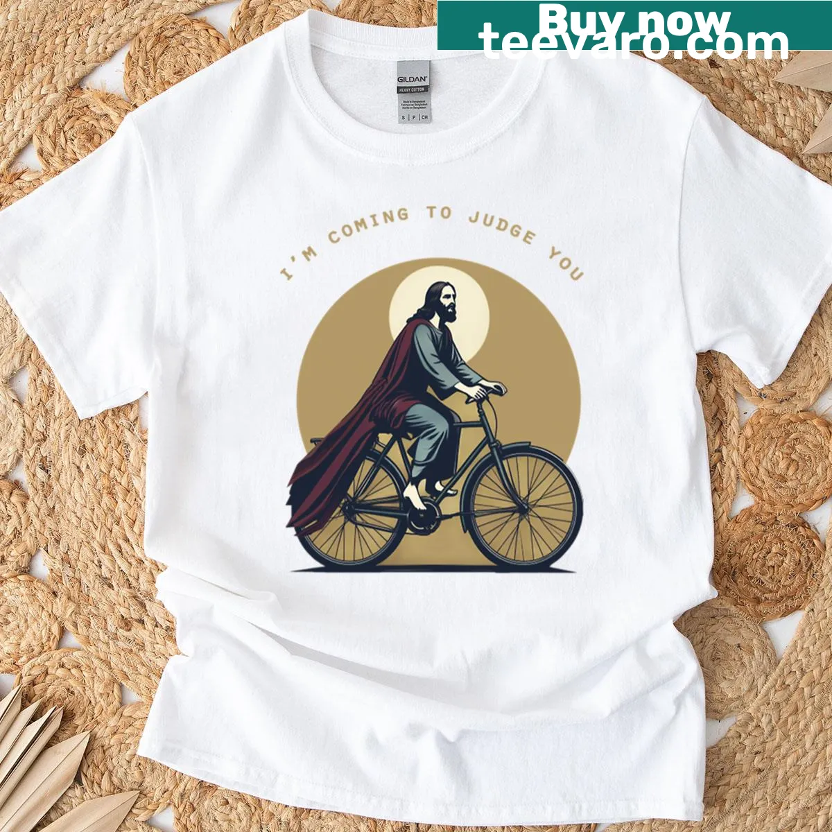 Humorous Jesus riding a bike illustration T-shirt — on a men's t-shirt