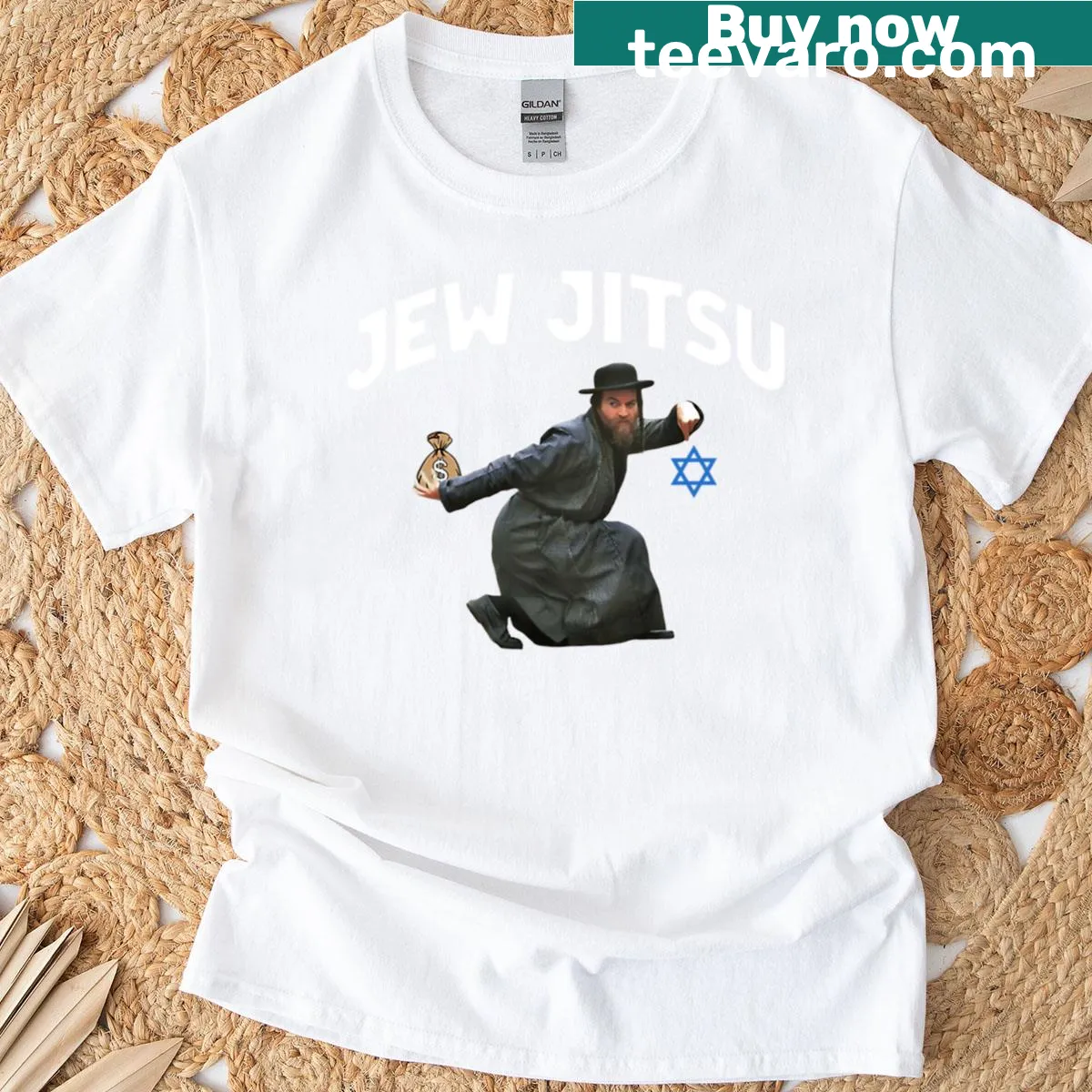 Humorous T-shirt with the phrase Jew Jitsu — on a men's t-shirt