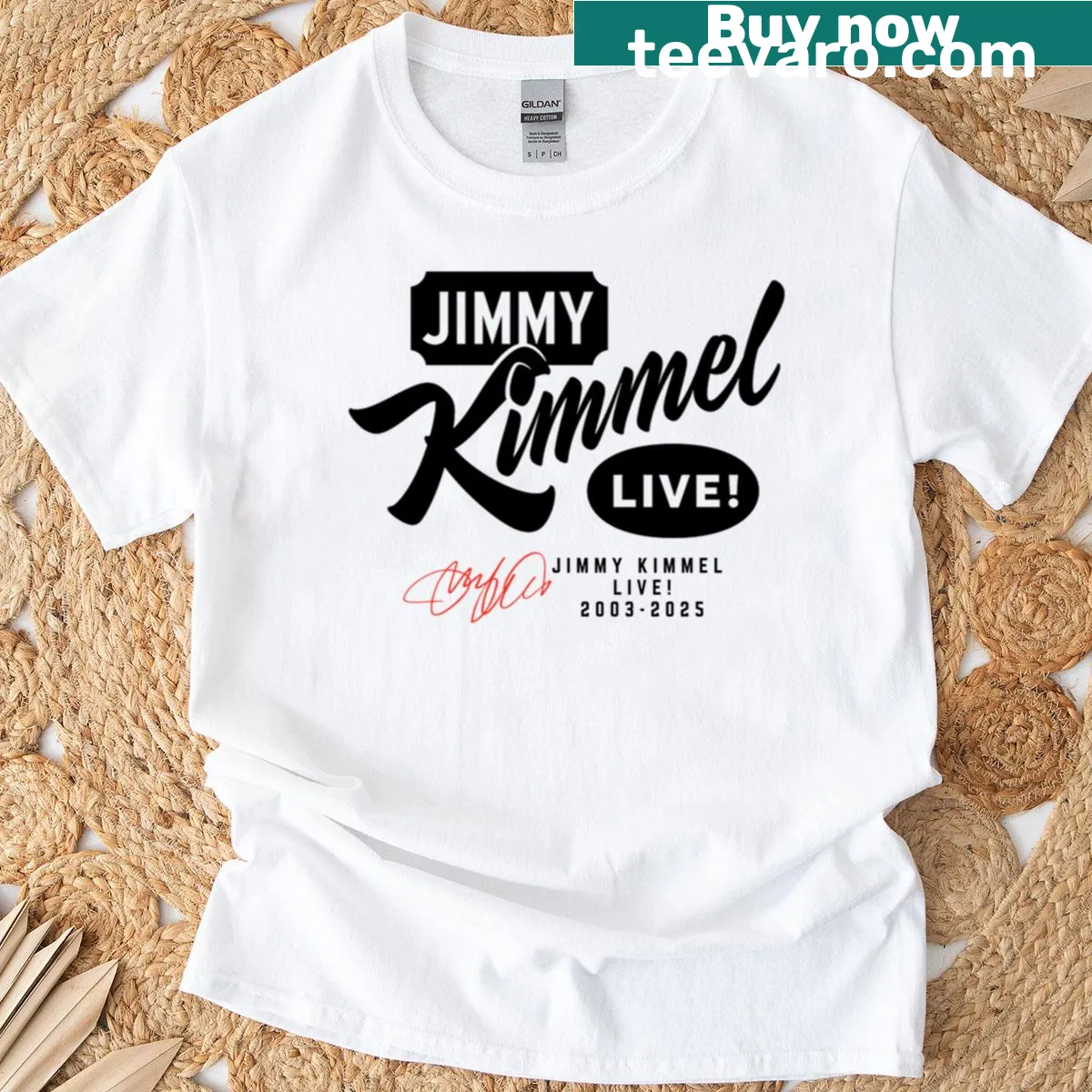 Jimmy Kimmel signature t-shirt featuring the years 2003-2025 — on a men's t-shirt