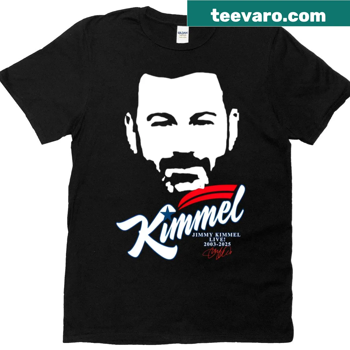 Jimmy Kimmel Live t-shirt featuring a red signature graphic — on a men's t-shirt