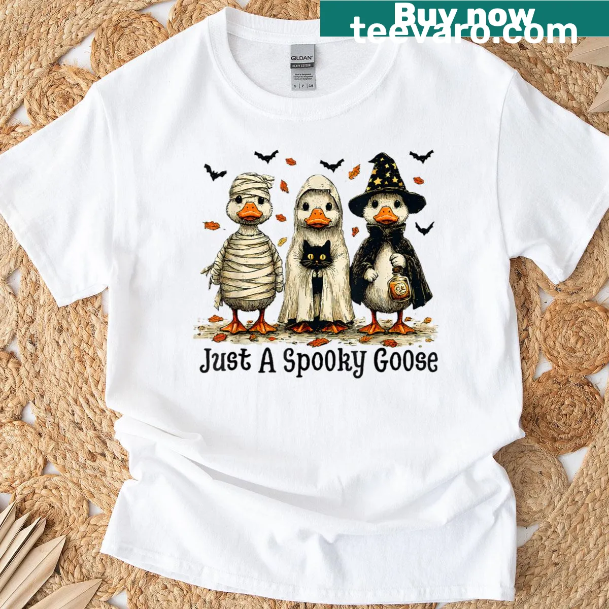 Funny Halloween t-shirt featuring a silly cartoon goose — on a men's t-shirt