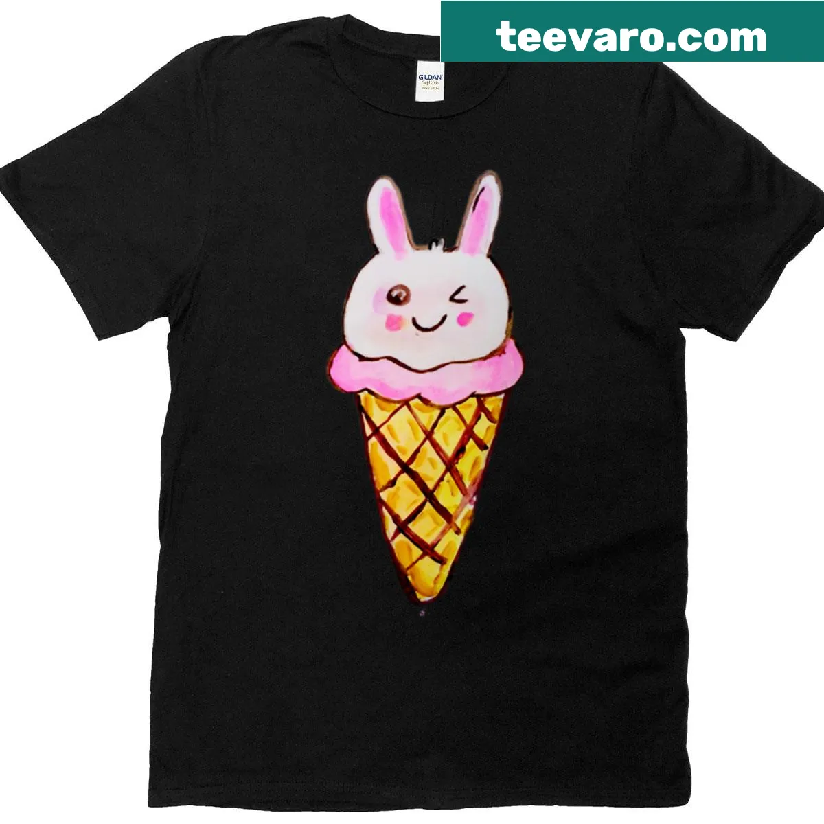 Cute T-shirt featuring a kawaii rabbit enjoying ice cream in watercolor style — on a men's t-shirt