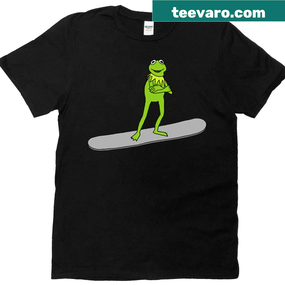 Kermit the Frog snowboarding graphic on a playful t-shirt — on a men's t-shirt