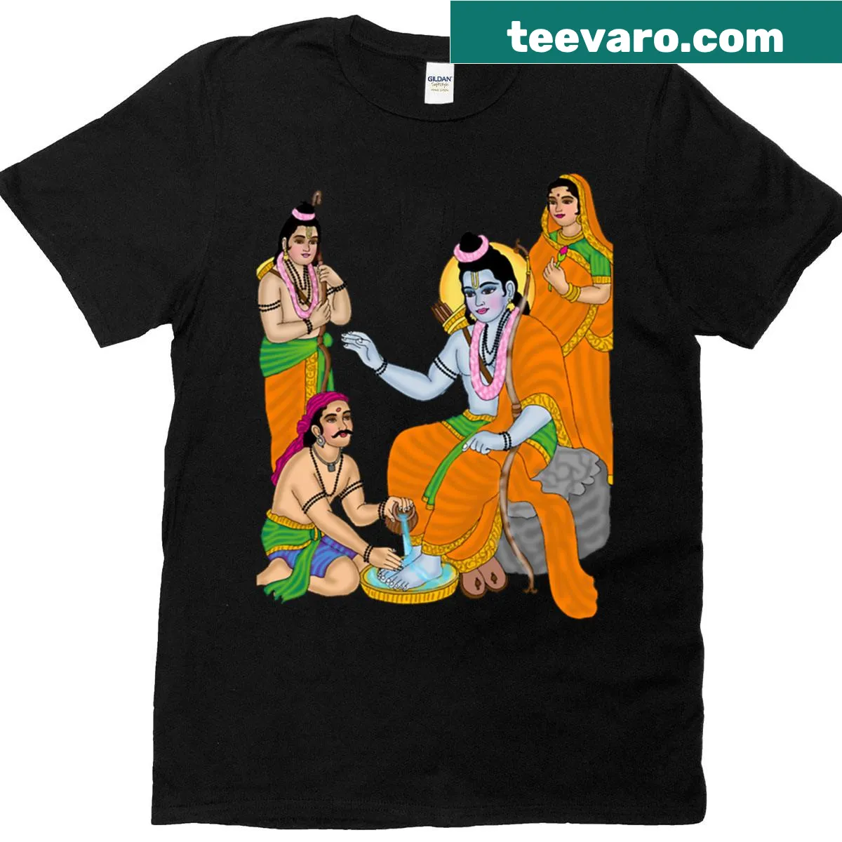 Illustrated t-shirt featuring a Ramayana scene with Lord Rama and Sita — on a men's t-shirt