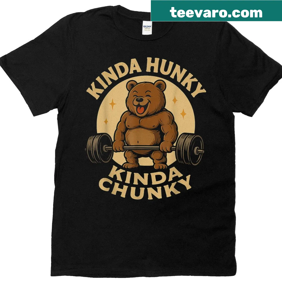 Funny bodybuilding t-shirt with 'Kinda Chunky Kinda Hunky' text — on a men's t-shirt