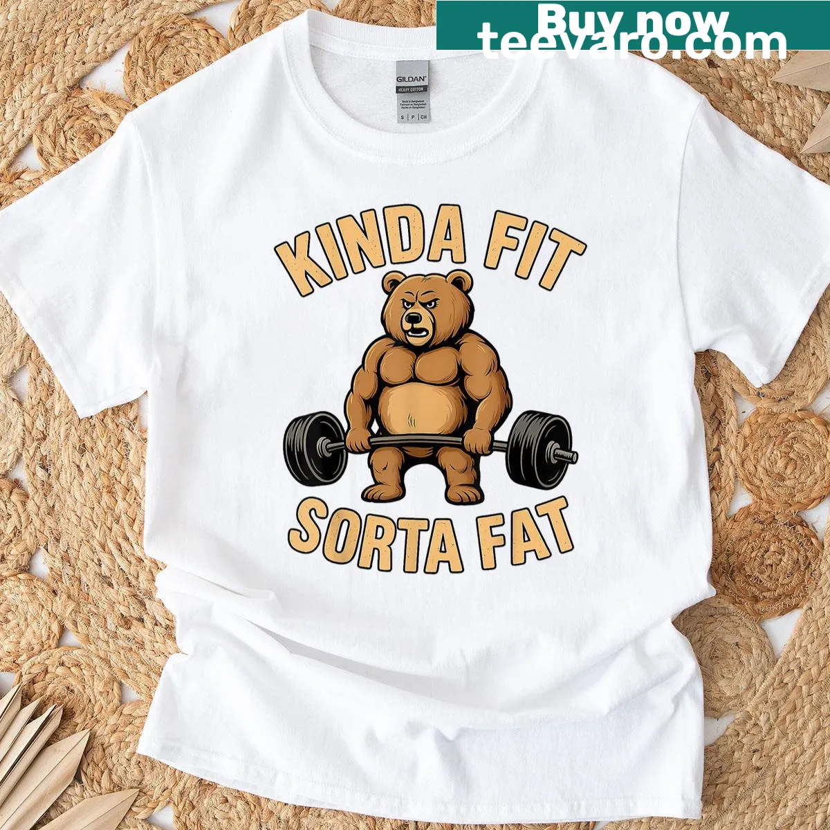 Funny gym T-shirt featuring a bear and humorous fitness text — on a men's t-shirt