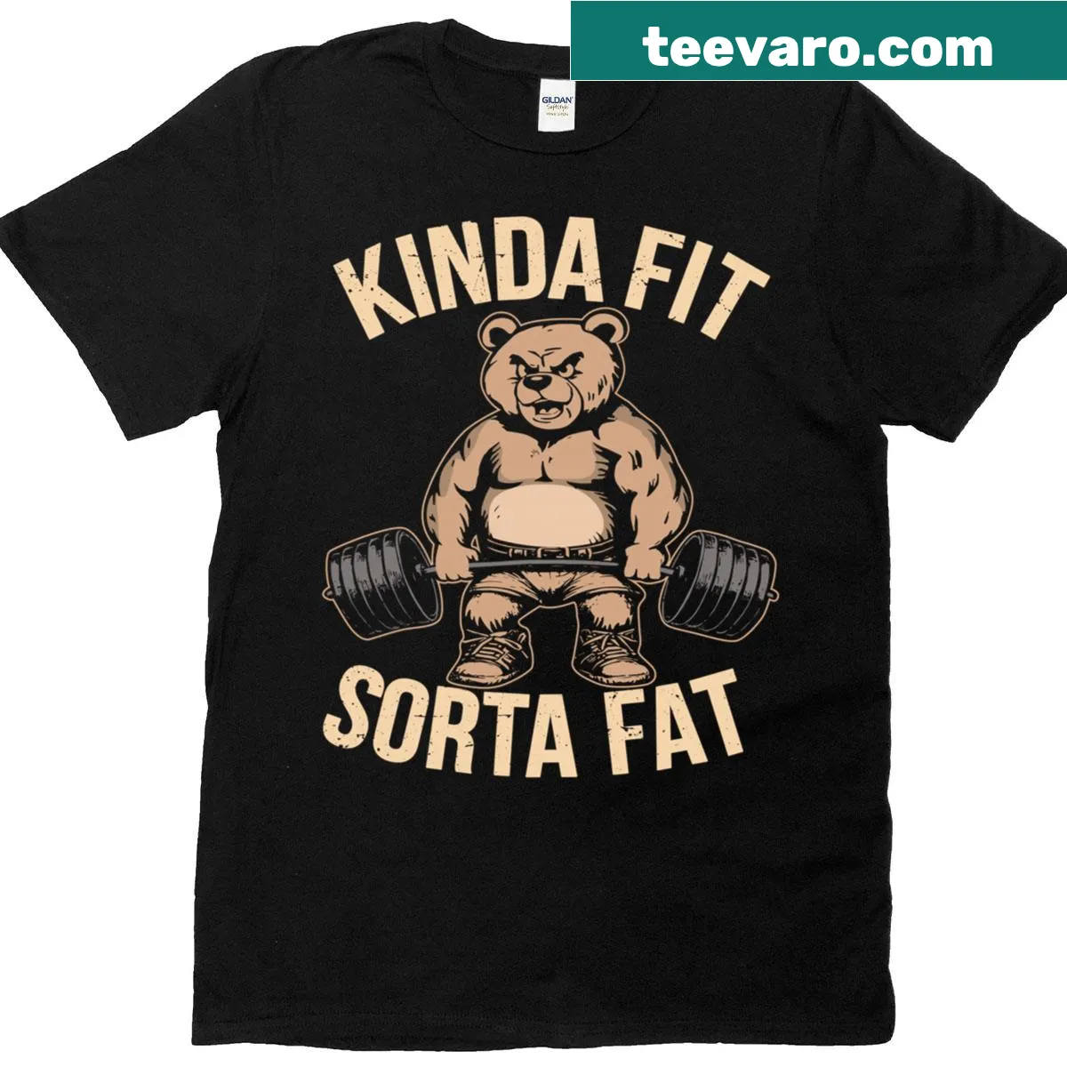 Funny gym bear lifting weights with 'Kinda Fit Sorta Fat' text — on a men's t-shirt