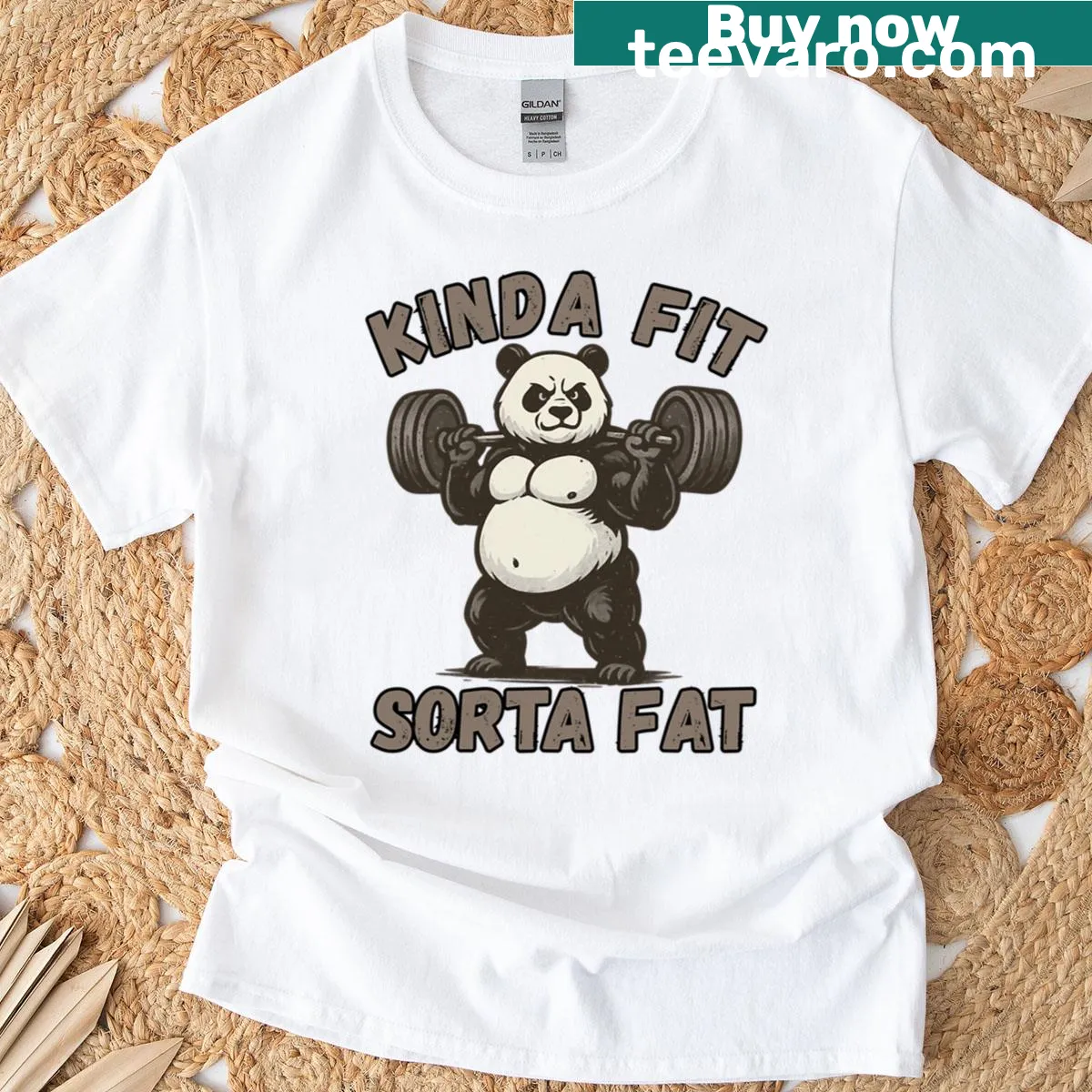 Funny gym t-shirt with cartoon panda and Kinda Fit Sorta Fat text — on a men's t-shirt