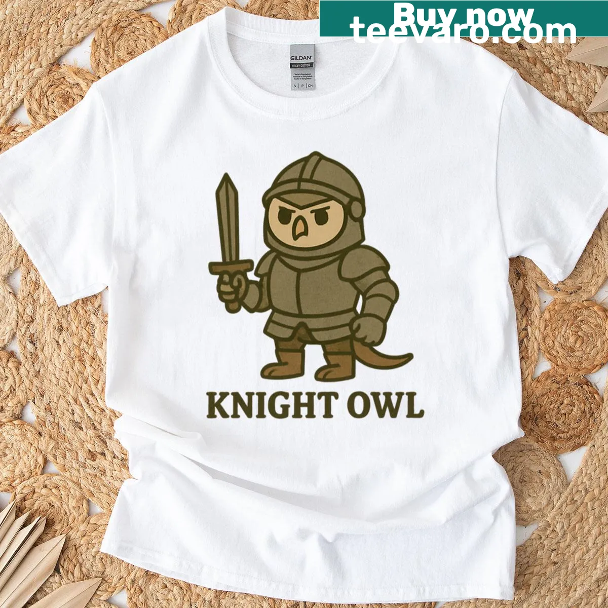 Cartoon T-shirt featuring a whimsical knight owl design — on a men's t-shirt
