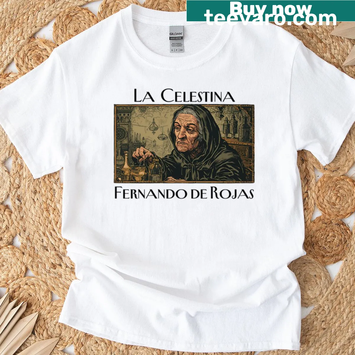 T-shirt featuring quotes from La Celestina by Fernando De Rojas — on a men's t-shirt