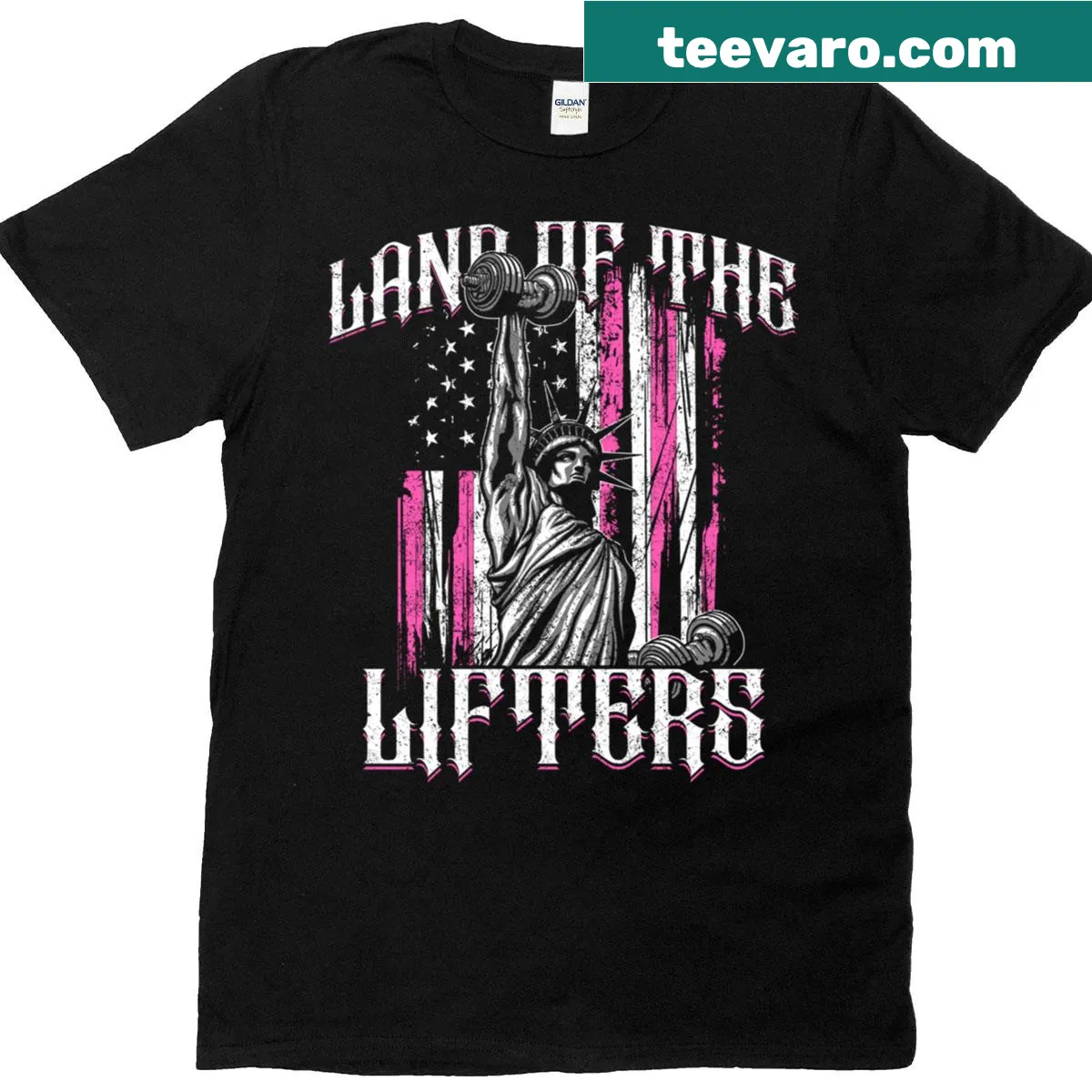Funny T-shirt with 'Land Of The Lifters' slogan in pink text — on a men's t-shirt