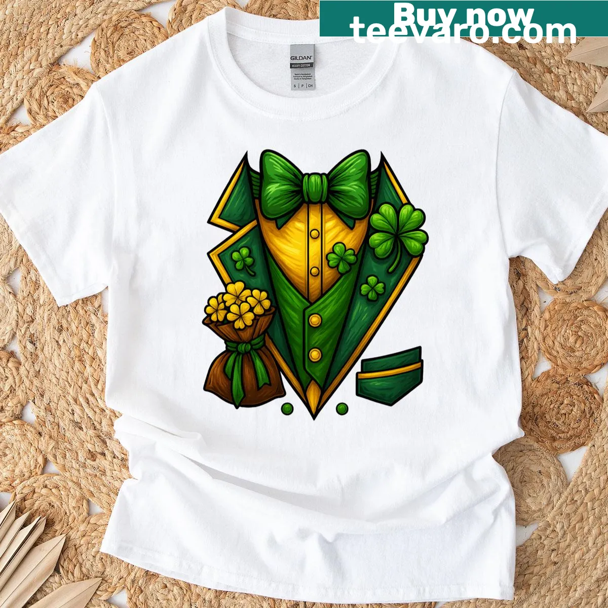Playful T-shirt featuring a leprechaun costume design for St. Patrick's Day — on a men's t-shirt