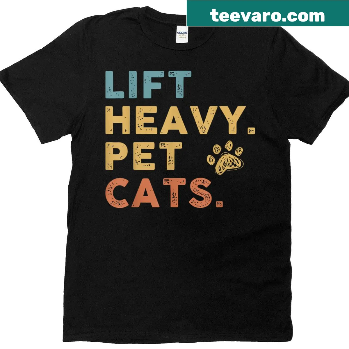 Funny fitness t-shirt that reads 'Lift Heavy Pet Cats' — on a men's t-shirt