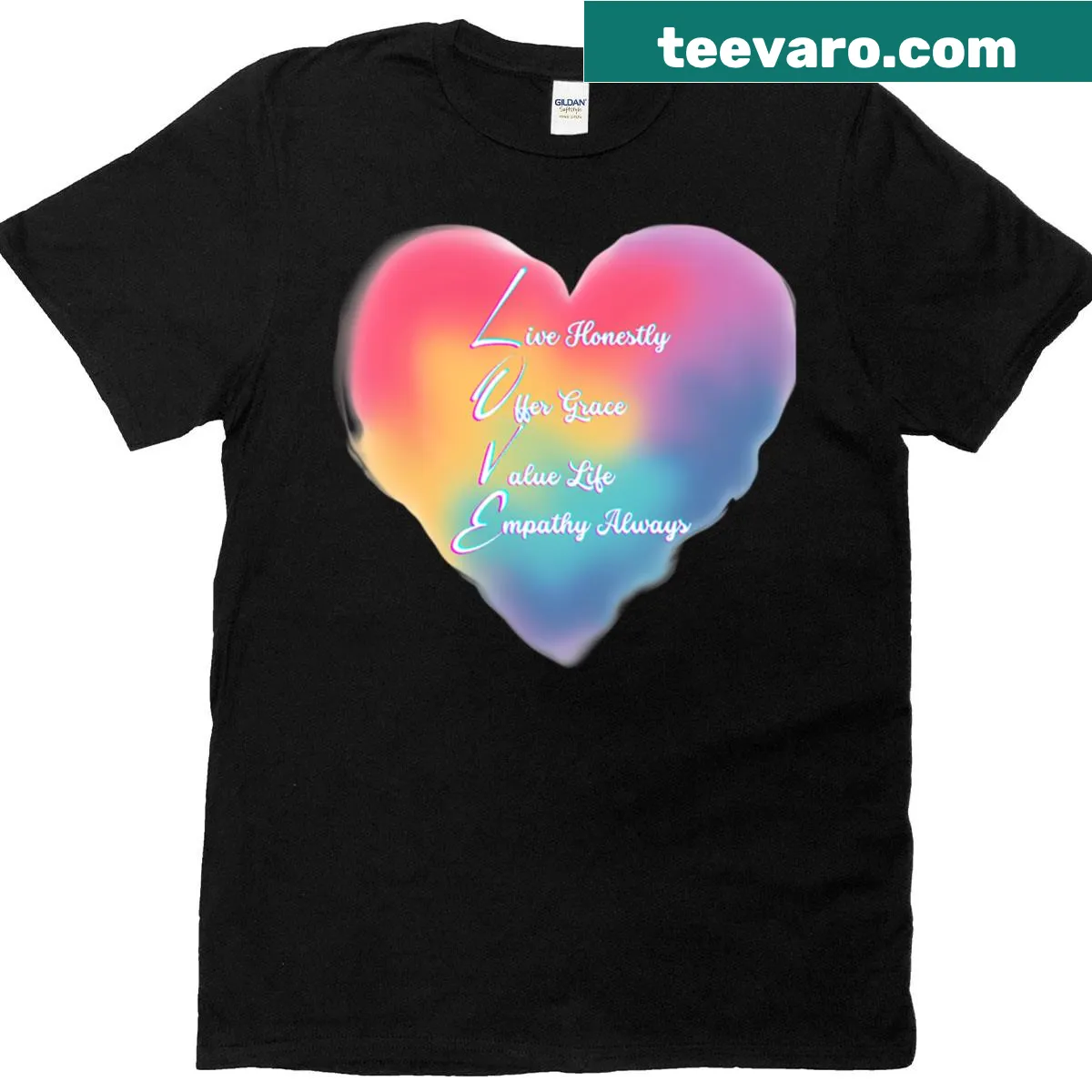T-shirt featuring a rainbow heart graphic expressing love — on a men's t-shirt