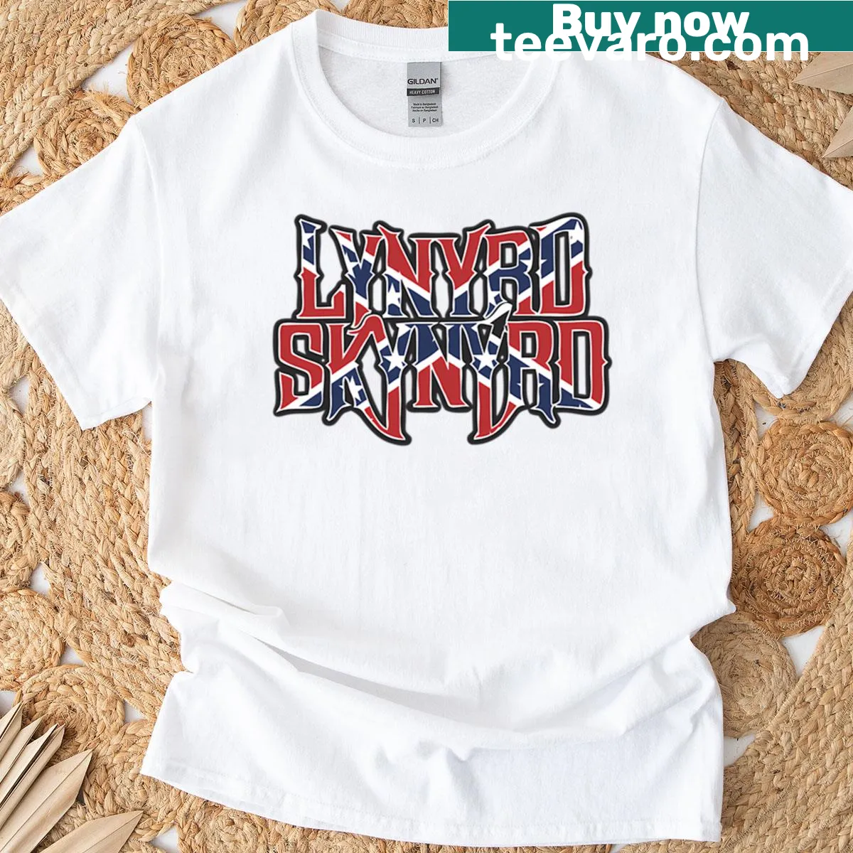 Lynyrd Skynyrd T-shirt with American flag and band logo design — on a men's t-shirt