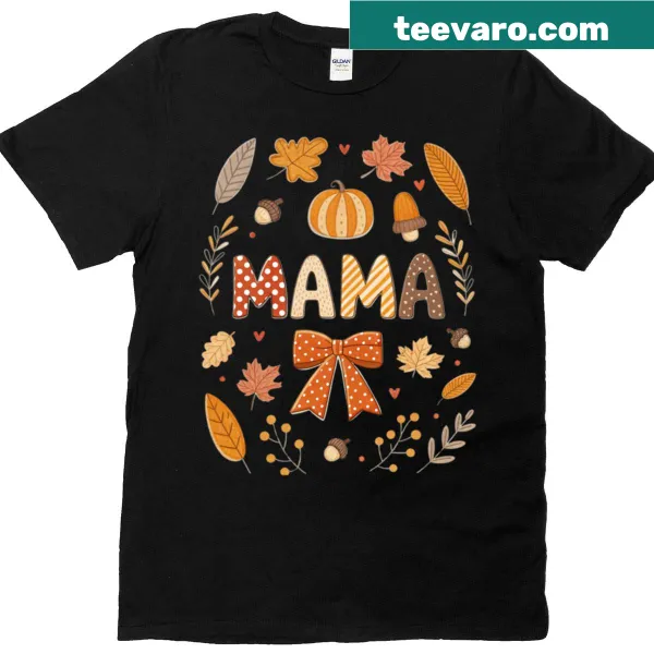 Mama Autumn t-shirt featuring pumpkins and leaves illustration
