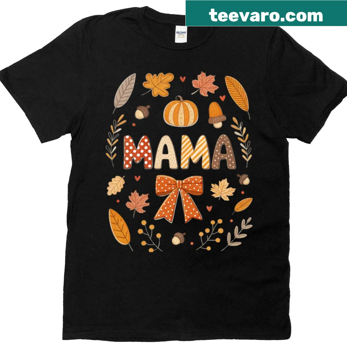 Mama Autumn t-shirt featuring pumpkins and leaves illustration — on a men's t-shirt