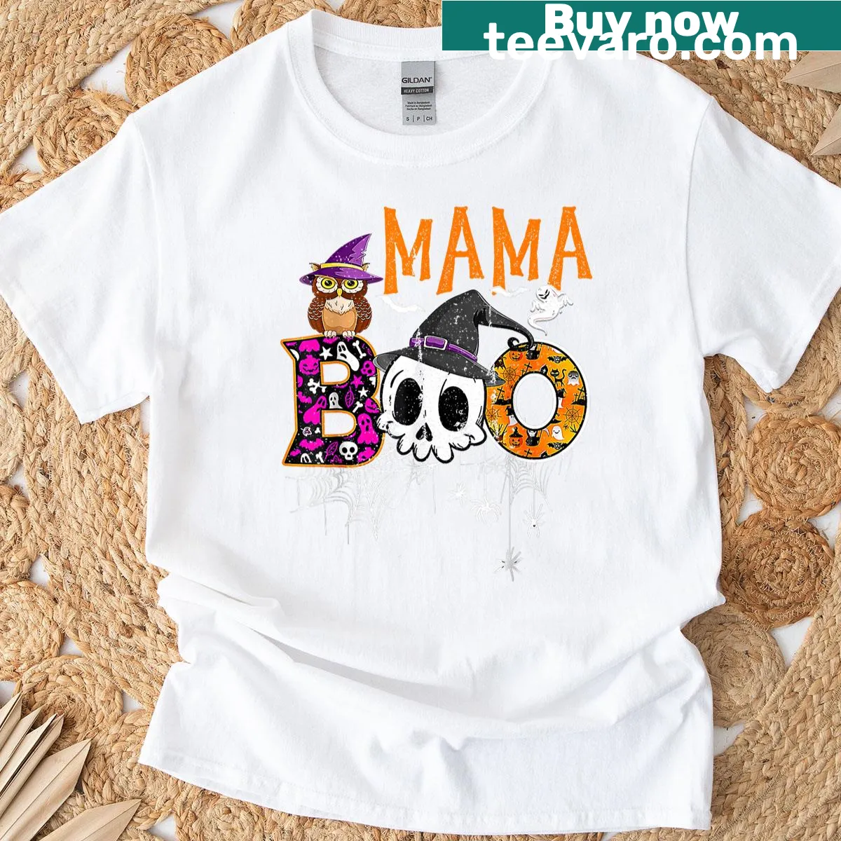 Mama Boo Halloween T-shirt with ghost graphic and playful text — on a men's t-shirt