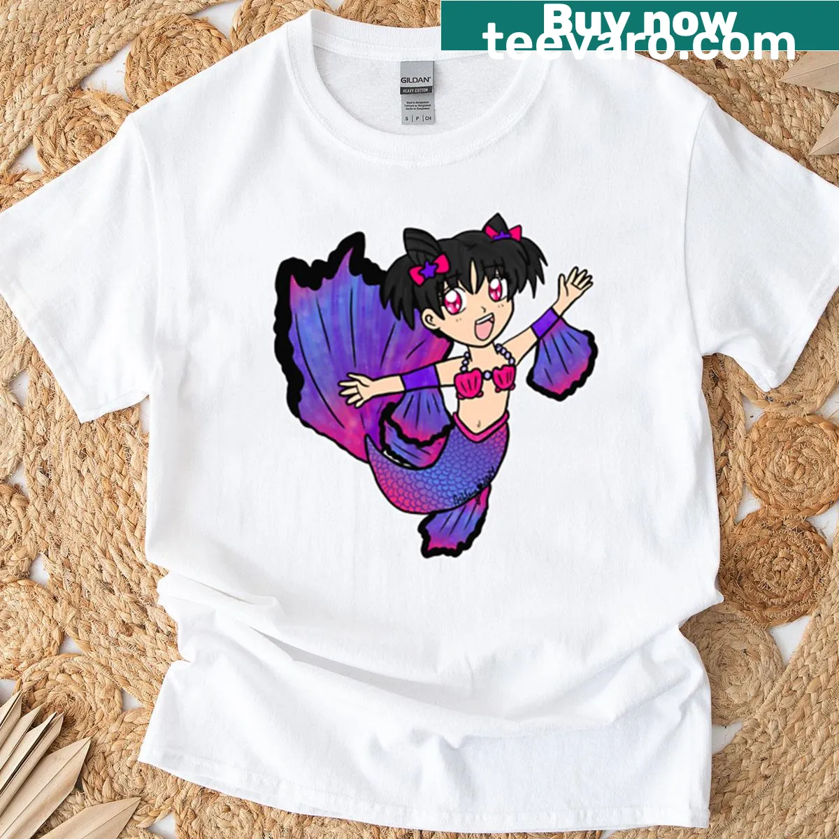 Illustrated T-shirt featuring Mariella the Beta Mermaid design — on a men's t-shirt
