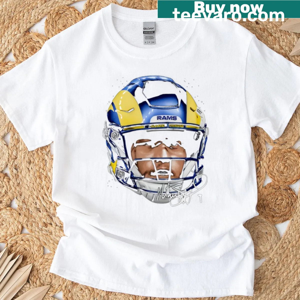 T-shirt with Matthew Stafford and Los Angeles Rams helmet design. — on a men's t-shirt