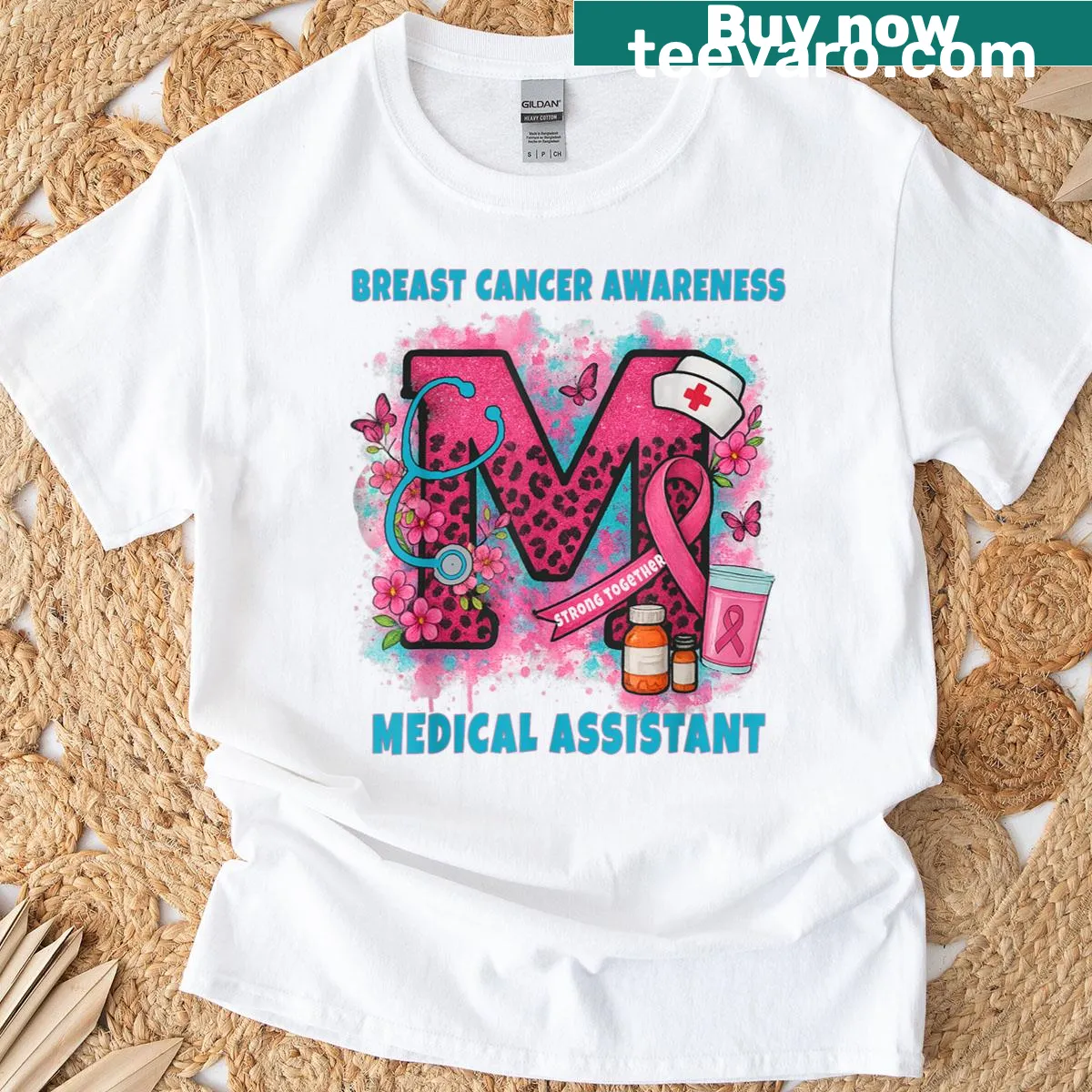 Pink ribbon breast cancer awareness graphic on a t-shirt — on a men's t-shirt