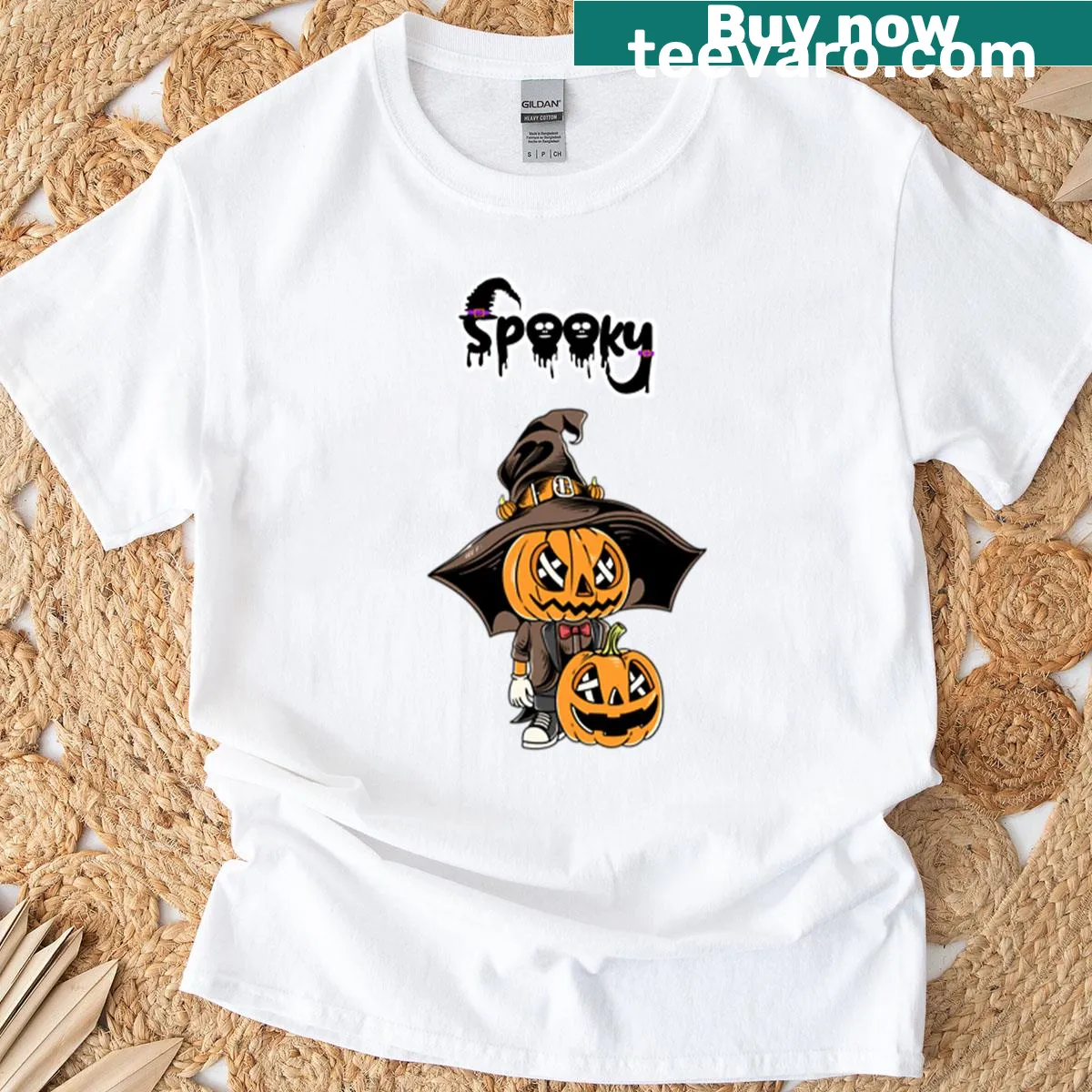 Halloween T-shirt with ghostly pumpkin graphic — on a men's t-shirt