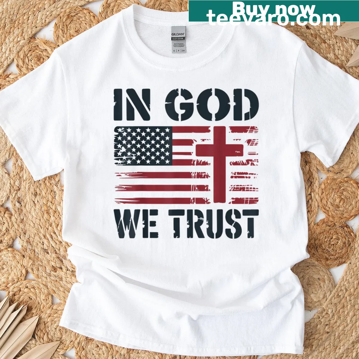 Patriotic t-shirt featuring a cross and American flag design. — on a men's t-shirt
