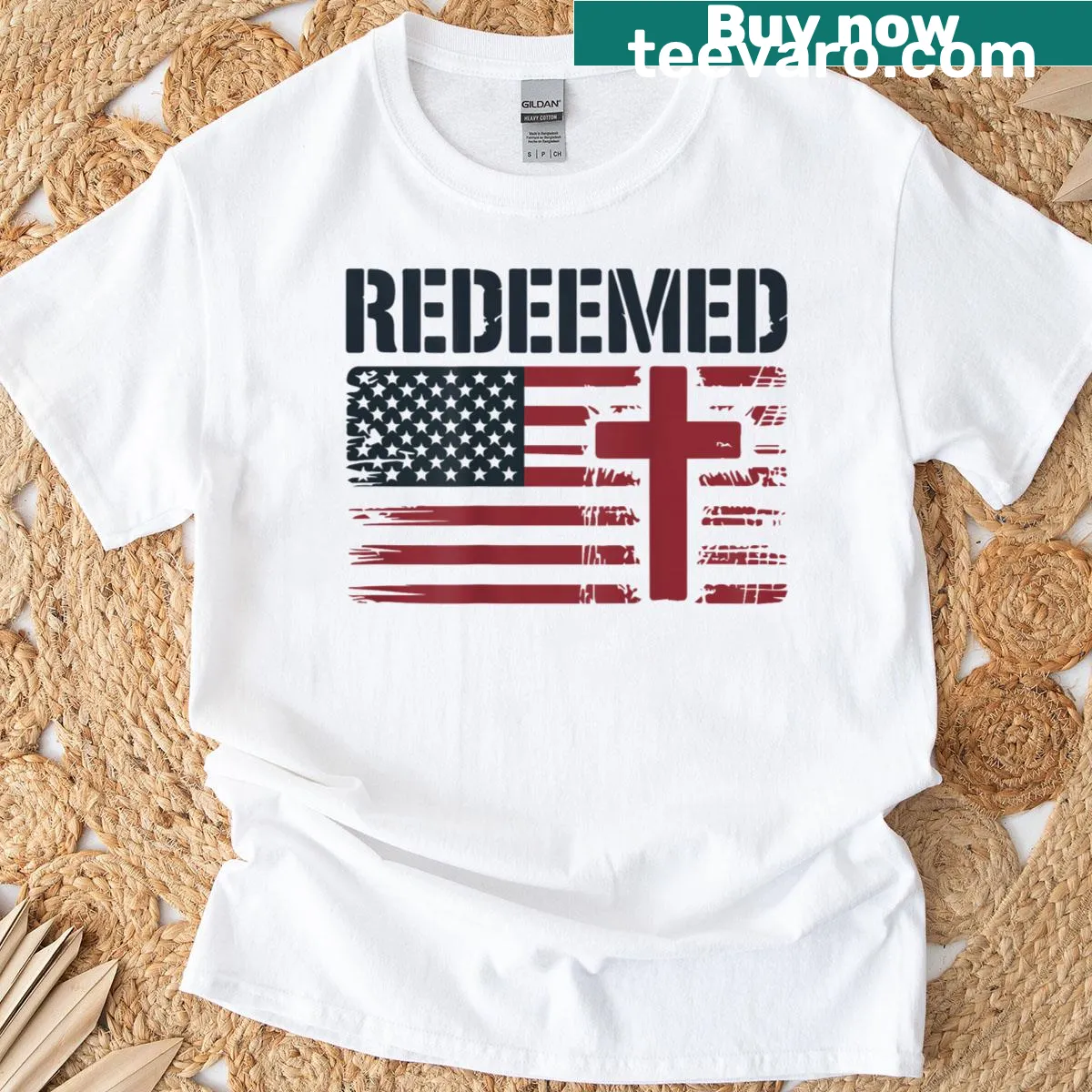Christian cross design with American flag on T-shirt — on a men's t-shirt