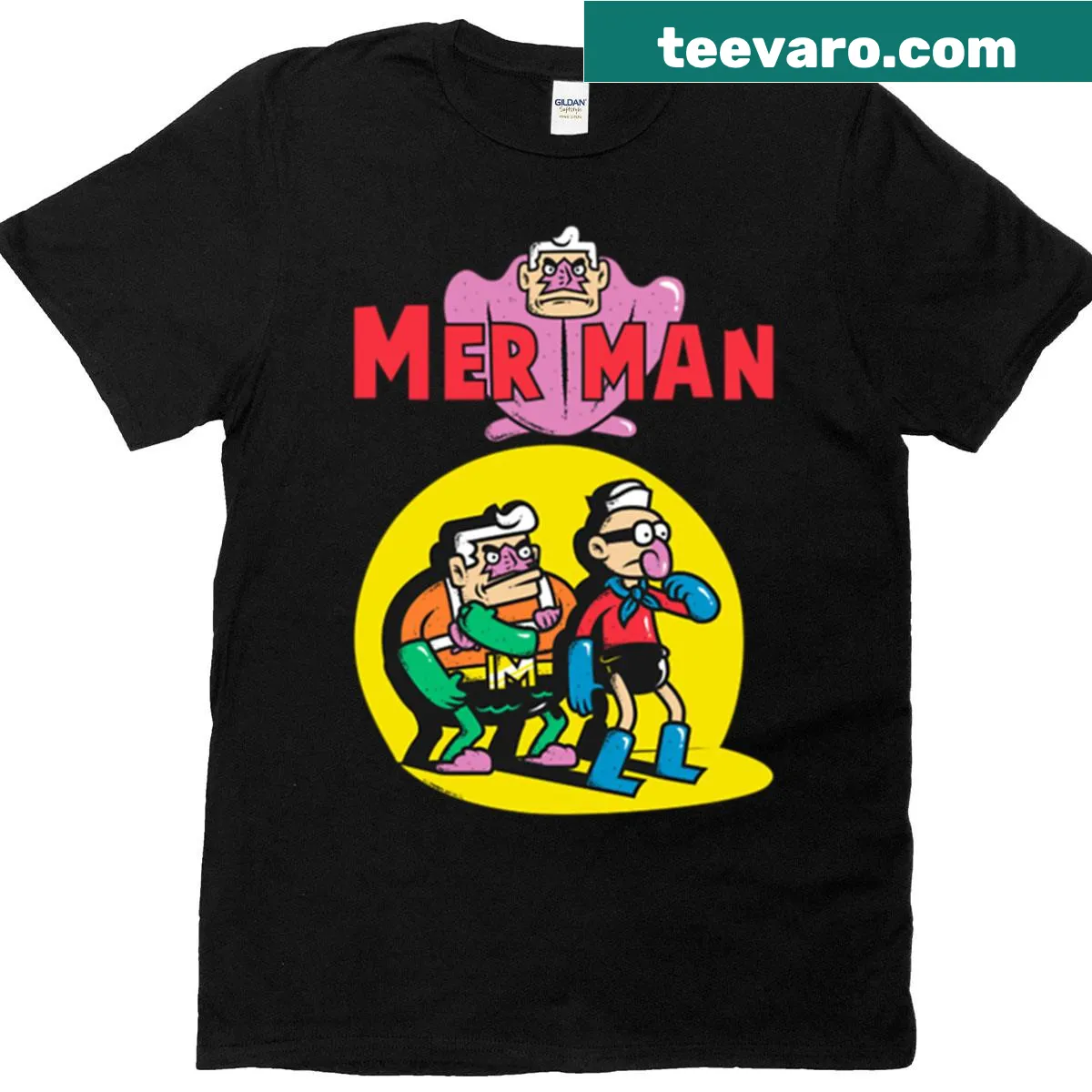 Mermaid Man and Barnacle Boy cartoon design T-shirt — on a men's t-shirt