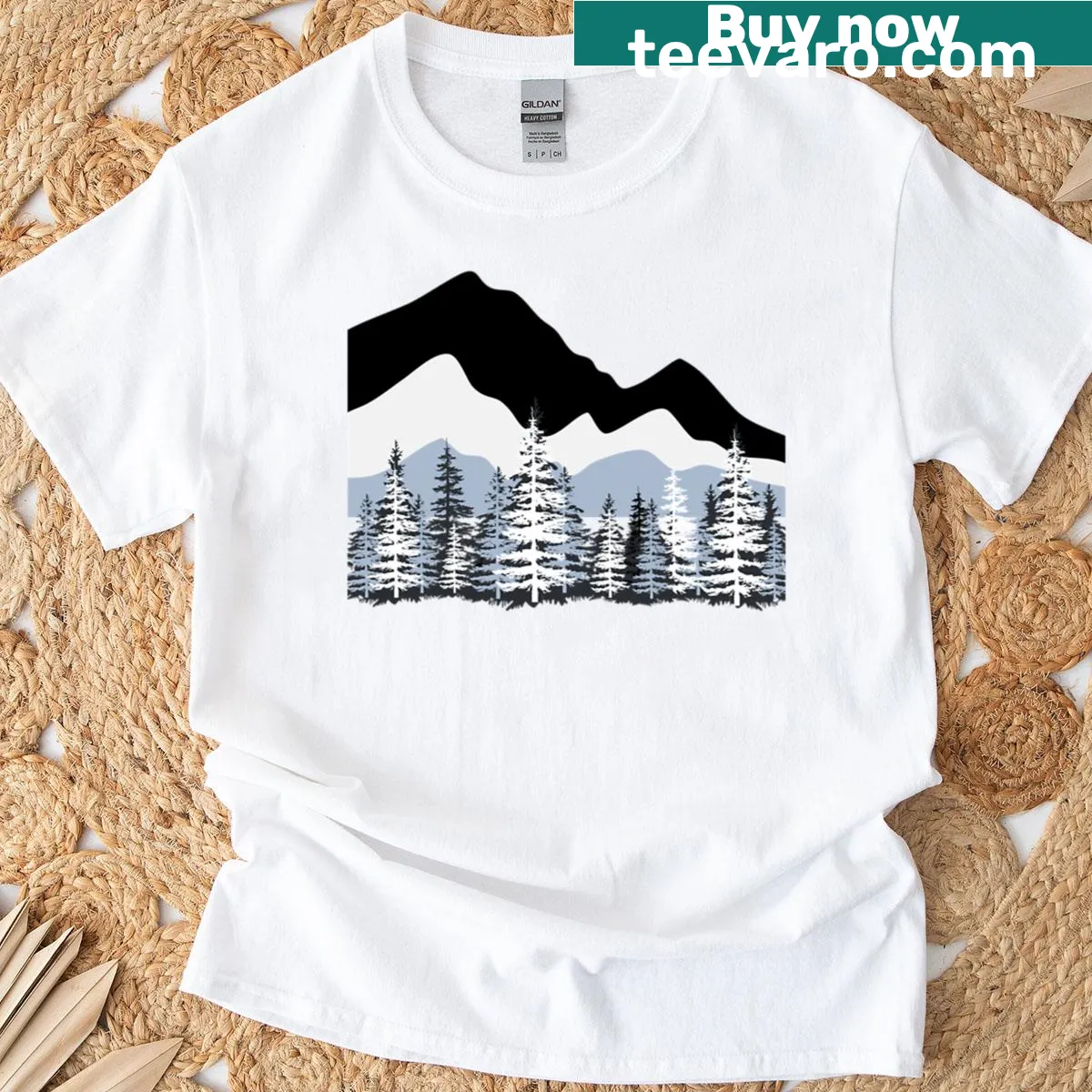 Minimalist winter mountain forest landscape design T-shirt — on a men's t-shirt