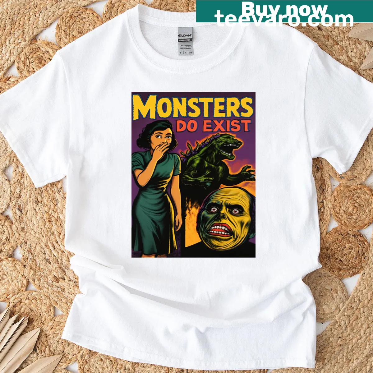 Cartoon-style horror t-shirt featuring monster graphics — on a men's t-shirt