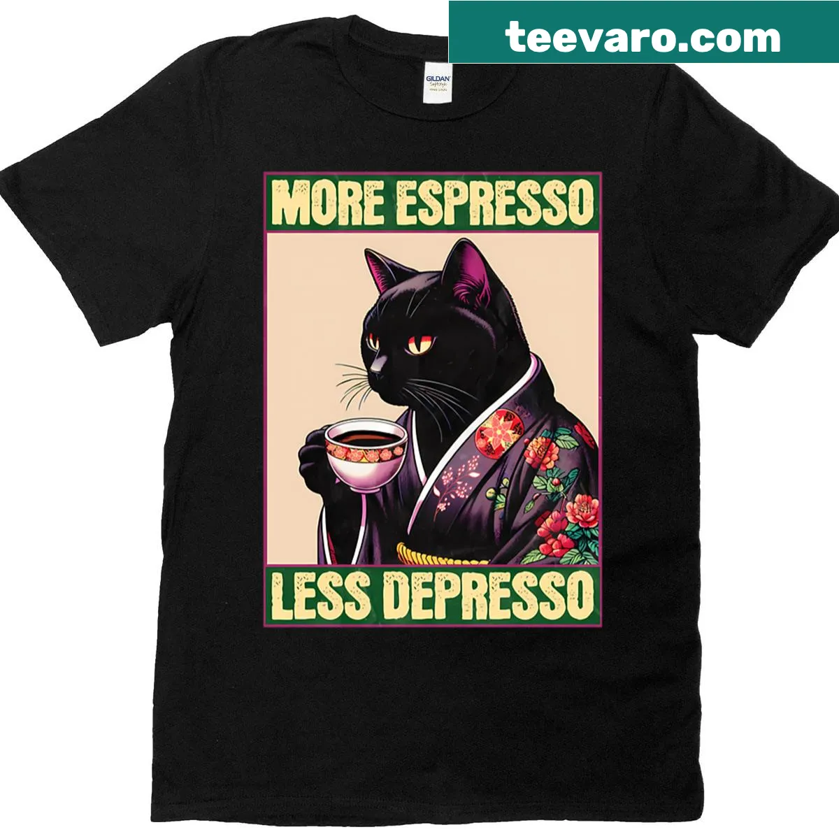 Funny coffee cat t-shirt with vintage espresso meme — on a men's t-shirt