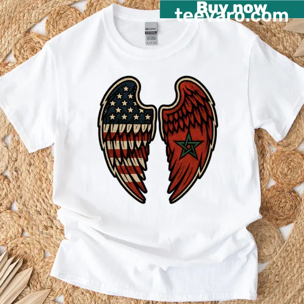 T-shirt with a design of Moroccan and American flags with angel wings