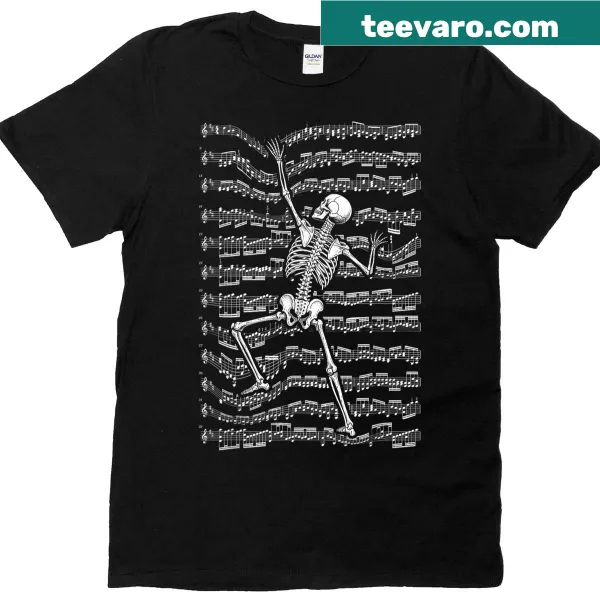 Funny skeleton musician t-shirt with sheet music notes
