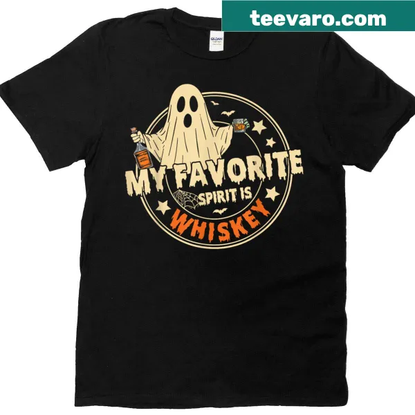 Halloween-themed T-shirt featuring ghosts and whiskey with a cowboy twist for festive fun.