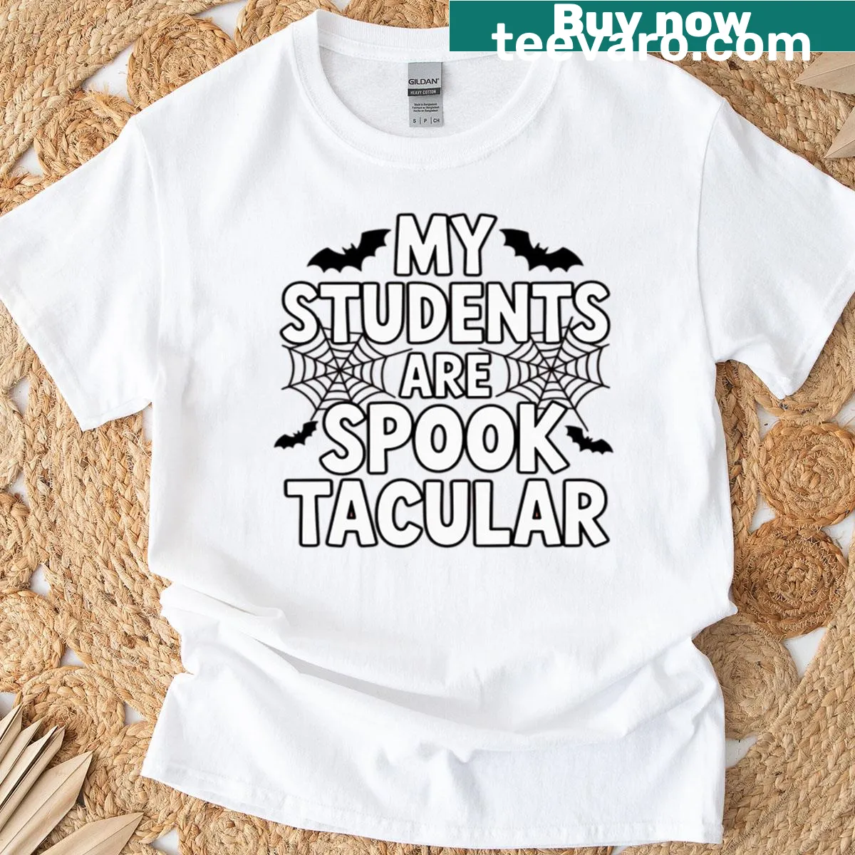 Funny teacher Halloween T-shirt with 'My Students Are Spooktacular' text — on a men's t-shirt