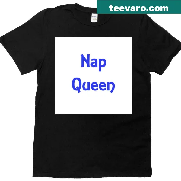 Playful 'Nap Queen' t-shirt with blue text design.