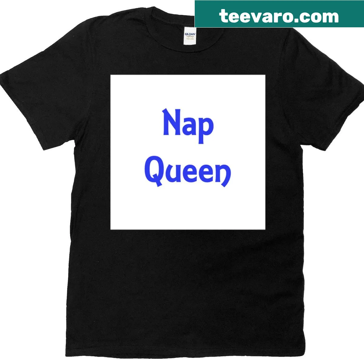 Playful 'Nap Queen' t-shirt with blue text design. — on a men's t-shirt