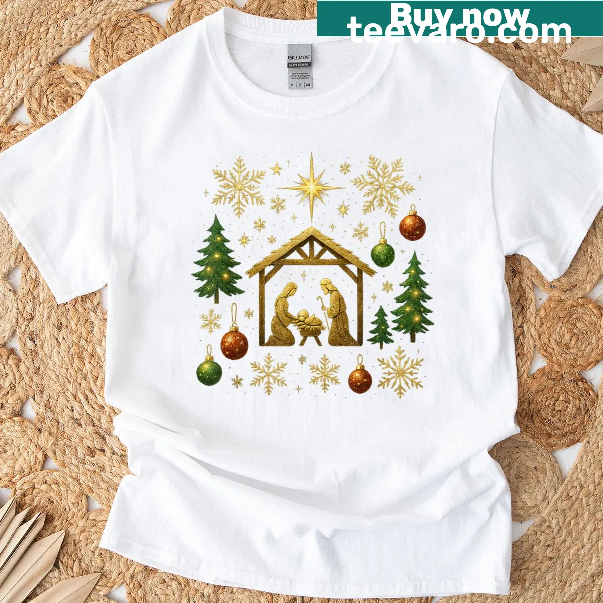Christmas t-shirt featuring a nativity scene with a star and snowflakes — on a men's t-shirt