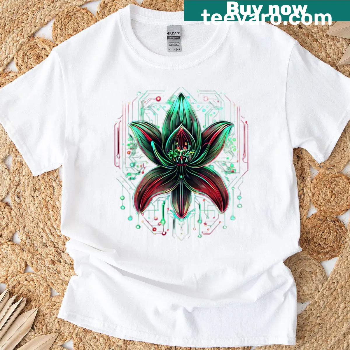 Floral design featuring a neon lily on dark background — on a men's t-shirt