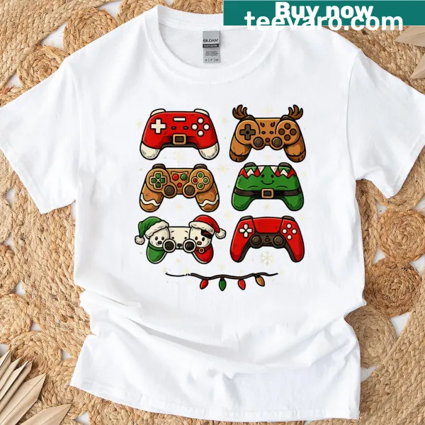 Playful Christmas t-shirt with gaming controllers graphic